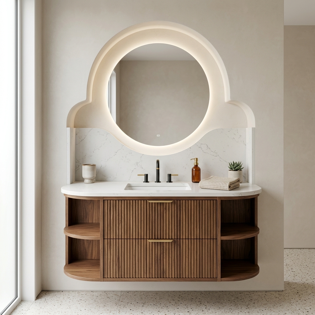 Современная ванная с деревянной отделкой